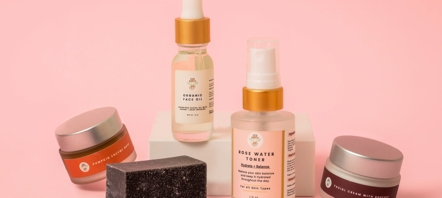 Image of EcoRoots skincare minikit, made of mini pumpkin mask, mini charcoal soap, mini rosewater toner, mini rosehip cream, mini face oil
