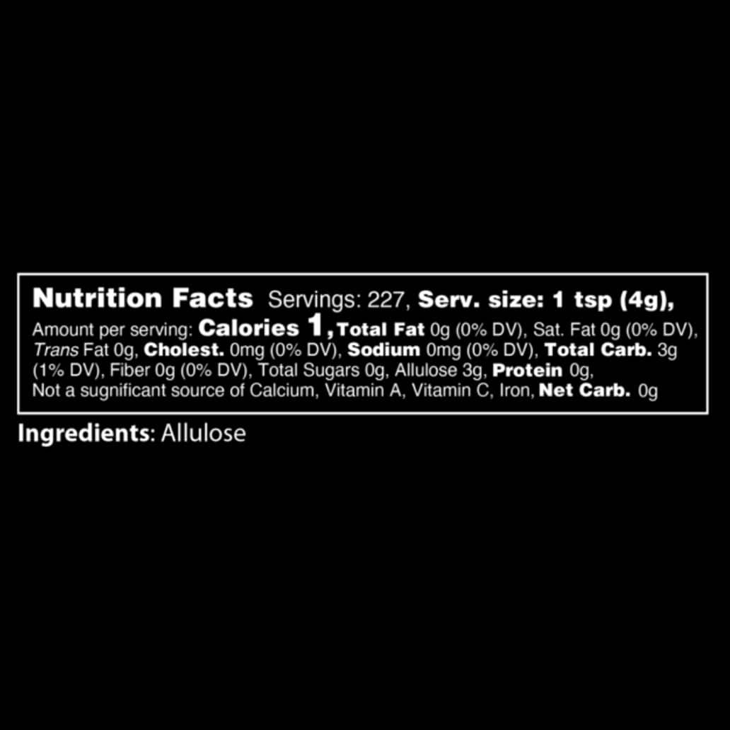 Allulose powder nutrition facts displayed where net carb is zero and calories one. The only ingredient is shown as Allulose