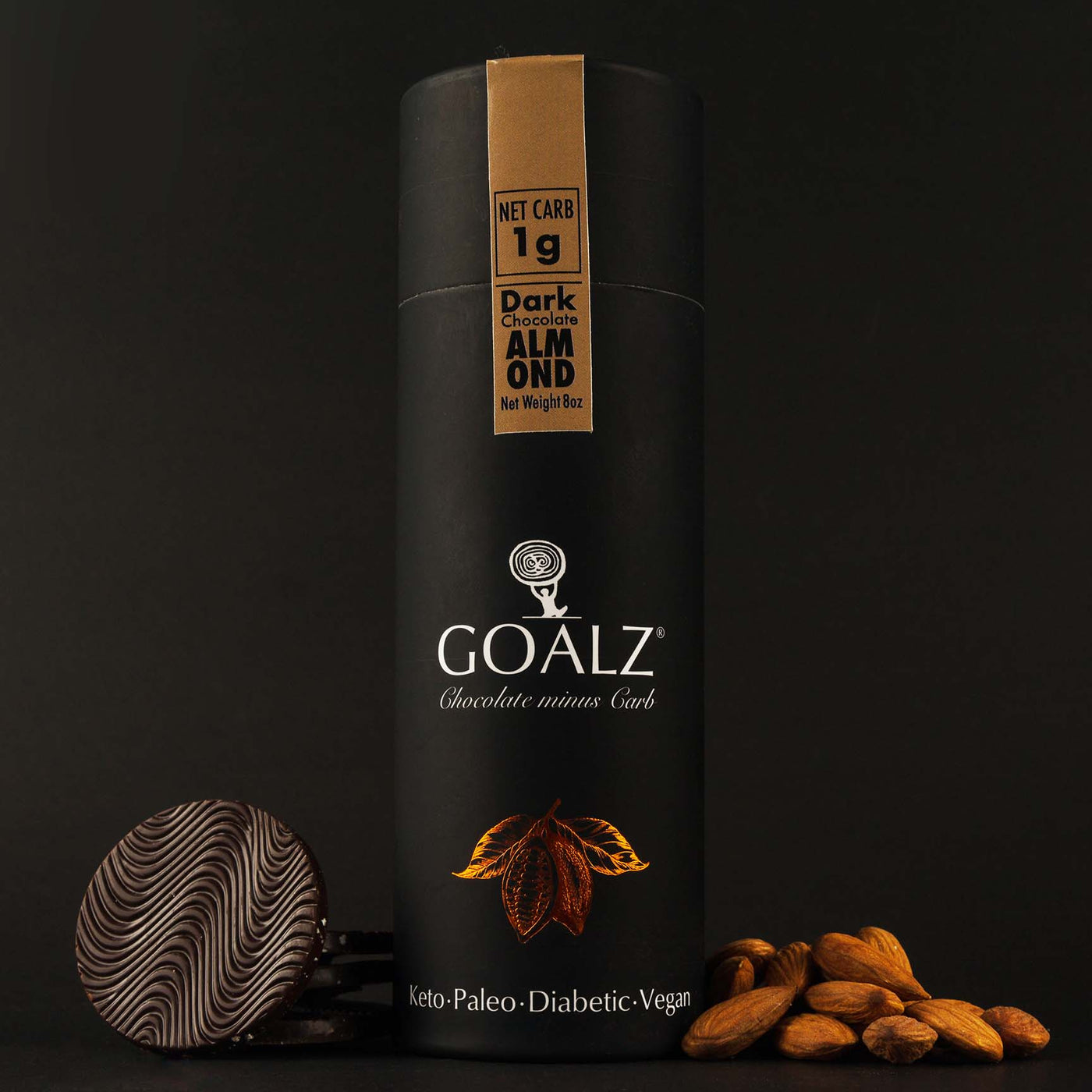 Artisan Made Sugar-Free Chocolates with Almonds. Brown label indicates 1 gram net carb. Also the box has a picture of cocoa pod and the text says: Keto, Paleo, Diabetic, Vegan