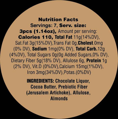 Nutrition Facts Label of Goalz Keto Chocolate with Almonds. Ingredients show as Chocolate Liquor, Cocoa Butter, Prebiotic Fiber, Allulose, and Almonds.FOr serving size of 3 Sugar-Free Chocolate Discs:  Total Fat 11g, Protein 1 gram, Calories 110 grams