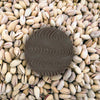 Dark Keto Chocolate bar piece with wavy designs sitting on whole pistachios.