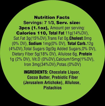 Nutrition Facts for Goalz Keto Friendly Dark Chocolate with Pistachio flavor. Servings: 7 Serving Size 3 pcs (1.1 oz) Calories: 116 Total fat 11g, Cholestrol 0mg, Sodium 1 mg, Added Sugars 0 grams, Allulose 6 grams, Protein 1g, Calcium 15 mg, Iron 3 mg. Ingredients: Chocolate Liquor, Cocoa Butter, Prebiotic Fiber (Jerusalem Artichoke). Allulose, Roasted Pistachios