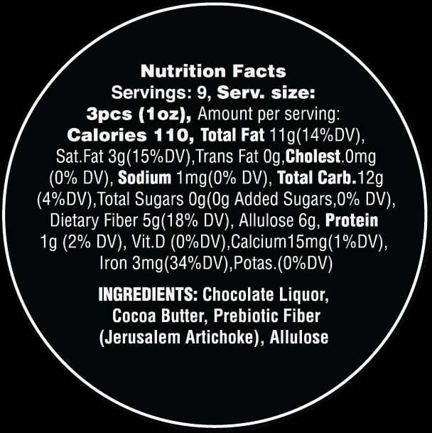 Nutrition Facts for Goalz Keto Friendly Dark Chocolate. Servings: 9 Serving Size 3 pcs (1 oz) Calories: 110 Total fat 11g, Cholestrol 0mg, Sodium 1 mg, Added Sugars 0 grams, Allulose 6 grams, Protein 1g, Calcium 15 mg, Iron 3 mg. Ingredients: Chocolate Liquor, Cocoa Butter, Prebiotic Fiber, Allulose