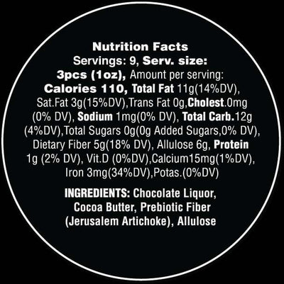 Nutrition Facts for Goalz Keto Friendly Dark Chocolate. Servings: 9 Serving Size 3 pcs (1 oz) Calories: 110 Total fat 11g, Cholestrol 0mg, Sodium 1 mg, Added Sugars 0 grams, Allulose 6 grams, Protein 1g, Calcium 15 mg, Iron 3 mg. Ingredients: Chocolate Liquor, Cocoa Butter, Prebiotic Fiber, Allulose