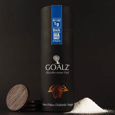 Goalz Sugar-Free Sea Salt Chocolate box with chocolates on the left and the Mediterranean sea salt on the right