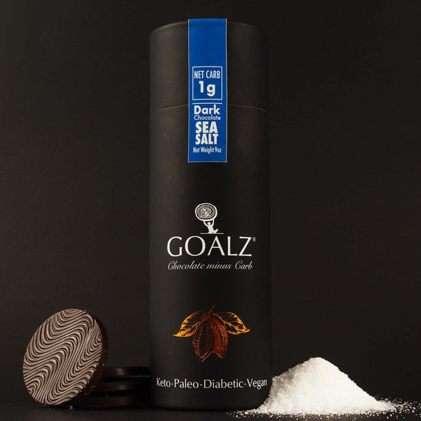 Goalz Sugar-Free Sea Salt Chocolate box with chocolates on the left and the Mediterranean sea salt on the right