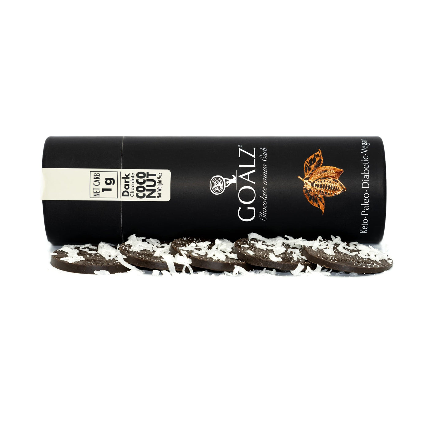 Goalz sugar-free chocolate box is laid horizontally next to keto chocolate barks with coconut flakes