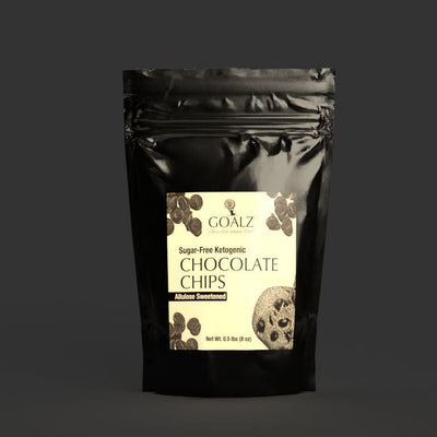 Allulose Sweetened Goalz Sugar Free  Ketogenic Chocolate Chips in a black bag with a label that shows a chocolate chip cookie and bunch of chocolate chips