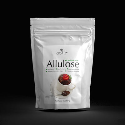 Front of Allulose package showing Goalz logo. The package is a white pouch with a label. The label states that it has zero glycemic index , tastes and bakes like sugar, 1 to 1 measures like sugar. Net weight shows as 2 lbs. 