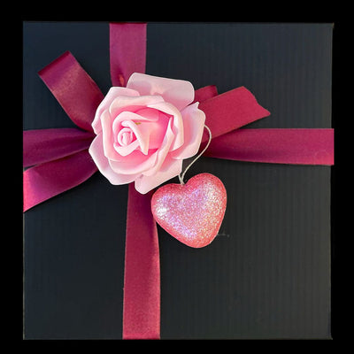 Black Gift box with Burgundy Ribbon decorated with pink Rose and pink heart 