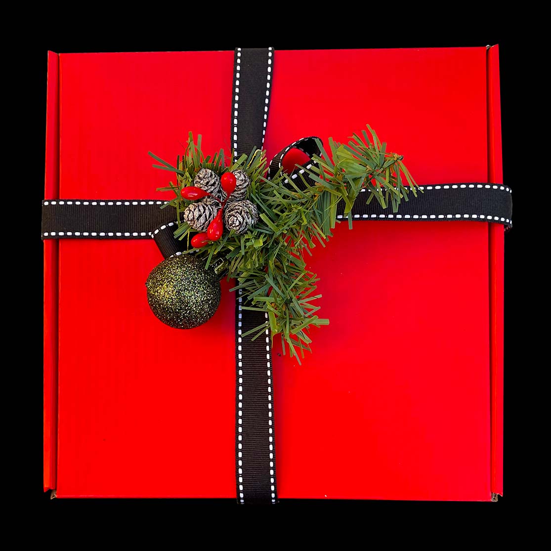 Red Sugar-Free Chocolate Gift Box with black and white ribbon